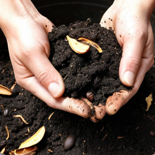 **Prompt:** A close-up shot of hands gently sifting through rich, dark compost, often called "black gold," showcasing decomposed kitchen waste like fruit peels, vegetable scraps, and coffee grounds transforming into fertile soil. A rustic, small compost bin is visible in the background, with soft, natural light highlighting the earthy textures and a sense of creation and transformation.