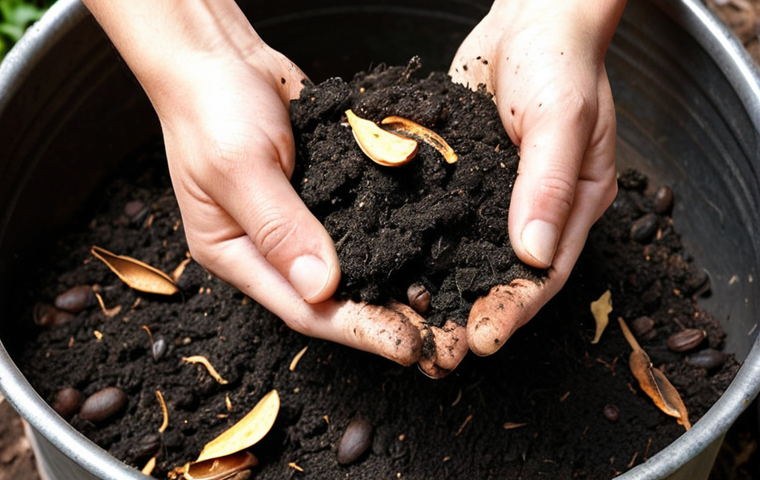 **Prompt:** A close-up shot of hands gently sifting through rich, dark compost, often called "black gold," showcasing decomposed kitchen waste like fruit peels, vegetable scraps, and coffee grounds transforming into fertile soil. A rustic, small compost bin is visible in the background, with soft, natural light highlighting the earthy textures and a sense of creation and transformation.