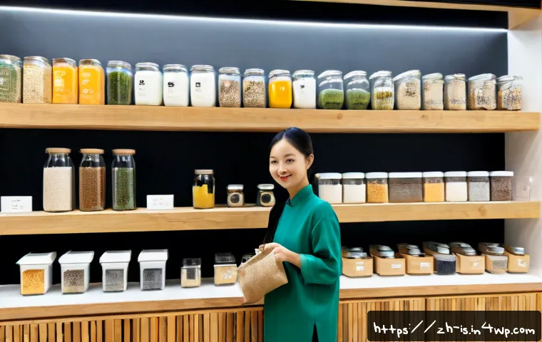 제로웨이스트를 위한 차별화된 마케팅 전략 - Photorealistic modern zero-waste grocery store campaign, a diverse young Chinese business owner pres...